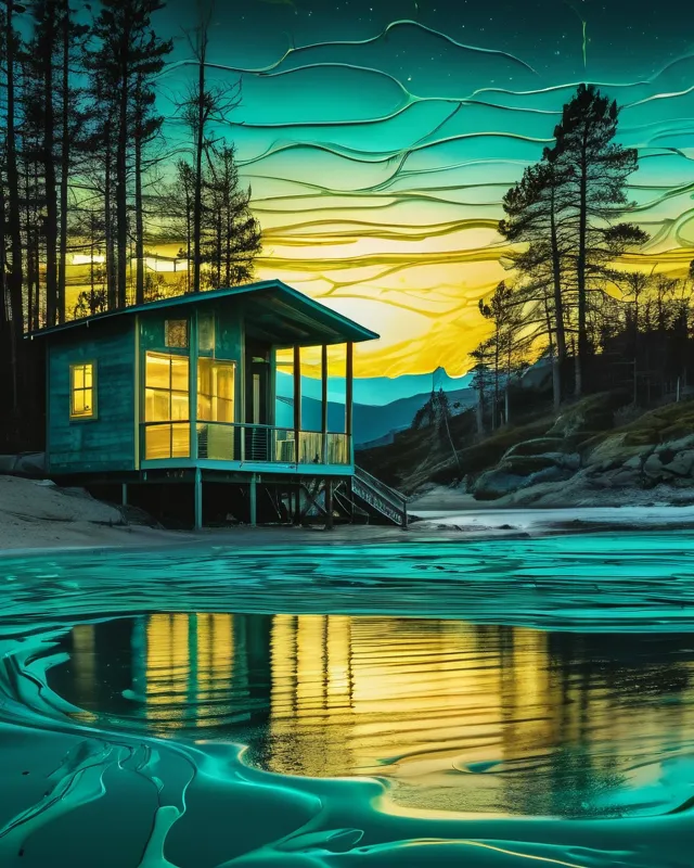 a synthetic [seaweed] sunrise in [teal, cream, yellow], overlooking a [liquid lumigraph cabin] landscape. Dynamic lighting, highly detailed, intricate, illuminated paint drips, raw