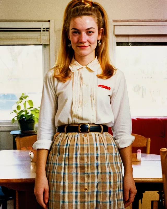 A lovely 25 year old woman wearing a simple blouse and skirt, inside a cozy home, friendly smile, straight brown blonde ponytail hair