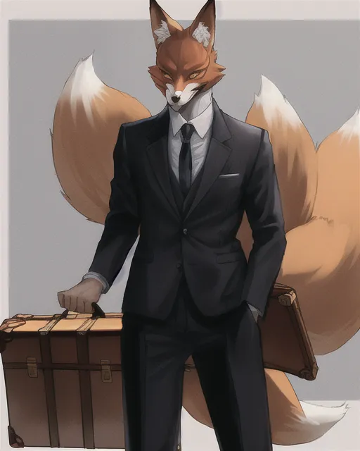 Fox man wearing a suit and carrying a brief case