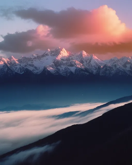 Sunrise over a snow capped mountain range 