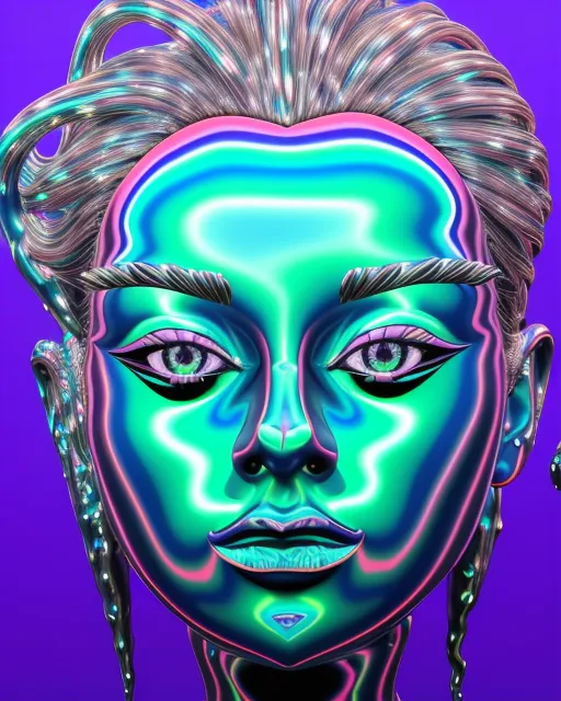 glass sculpture ferro fluid art of a woman's face, ponytail 3d render reflective holographic rainbow prismatic