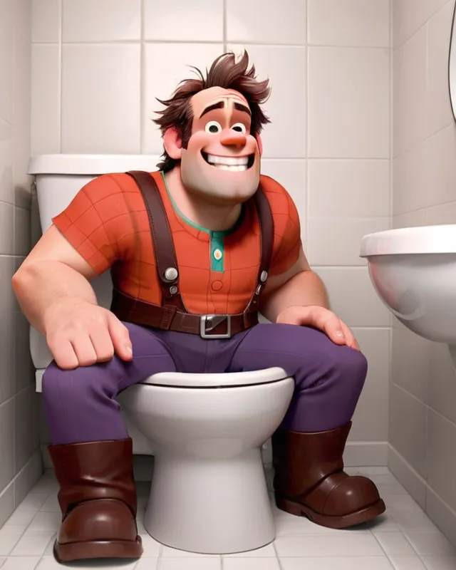 Wreck it Ralph but his head is sticking out of a toilet and he has a wide grin on his face