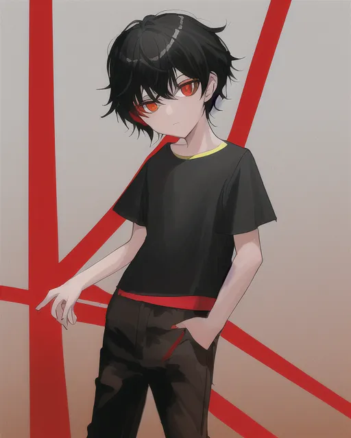 A kid with black hair, red and yellow shirt, black and red pants.