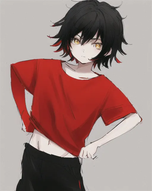 A kid with black hair, red and yellow shirt, black and red pants.