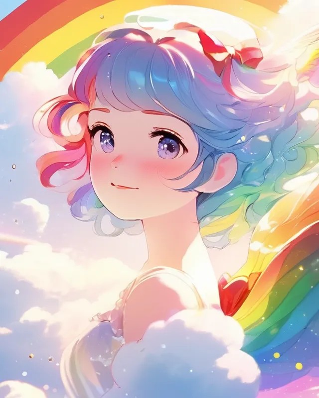 make a princess with rainbow hair who is an angel with a sunny halo. Her dress should be rainbow also. She should be sitting on a cloud with a rainbow behind her in the sky. Style of Ilya Kuvshinov
