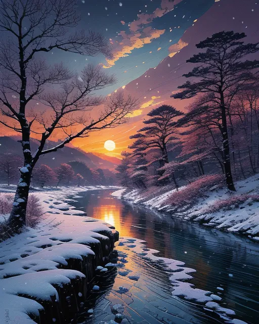 River a Winter landscape, snowy, - Free AI Photo Generator - starryai