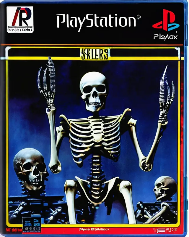 Playstation one game cover, game titled "skellers", robotic gothic skeletons made from metal and bone, army emerging from the core, playstation one, playstation graphics, gamw cover, jewel case, psone, playstation one, ps1, hr giger, 