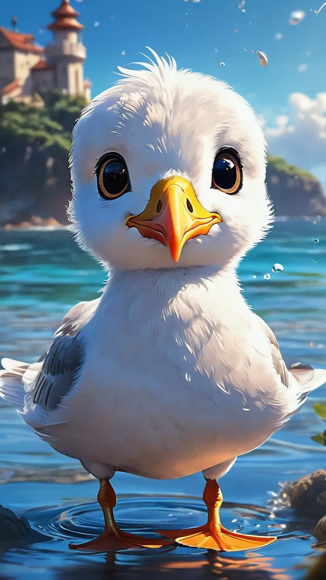 anime, Adorable Cute, Disney cartoon, cute seagull emerges from the sea, bright splashes, water, sunlight, Glow Ethereal Enchanted Garden, Big Shiny Eyes, Love Energy, Soft Lighting, Sharp Focus, By Marc Simonetti & Yoji Shinkawa & WLOP, Paint Drops, Rough Edges, Trending On Artstation, Studio Photo, Intricate Details, Highly Detailed, Detailed Matte Painting, Deep Color, Fantastical, Intricate Detail, Splash Screen, Compleme