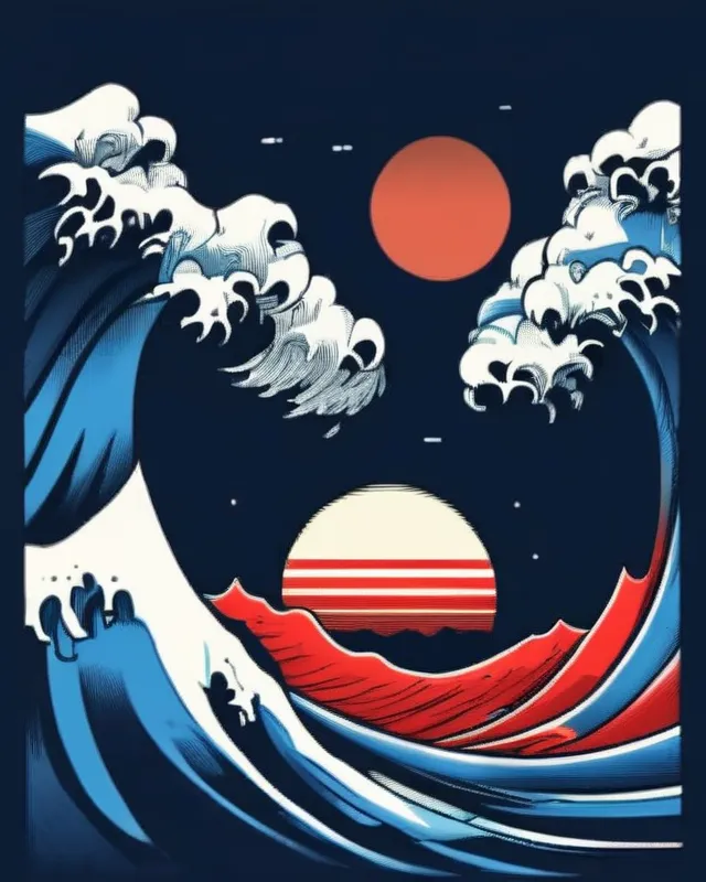 Ukiyo wave, seagulls, red sun, blue sky