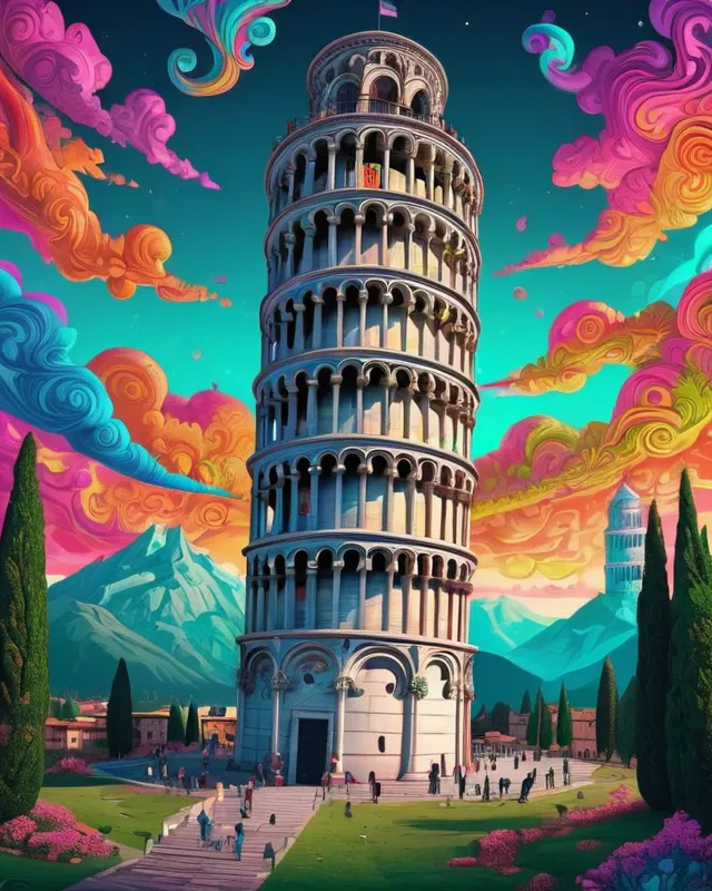 The Psychedelic Leaning Tower of Pisa, trending on Artstation, psychedelic art, ultra detailed illustration, intricate vibrant colors, epic illustration, 3 d illustration, ( ( ( ( ( dan mumford ) ) ) ) ), terence mckenna, cute detailed digital art