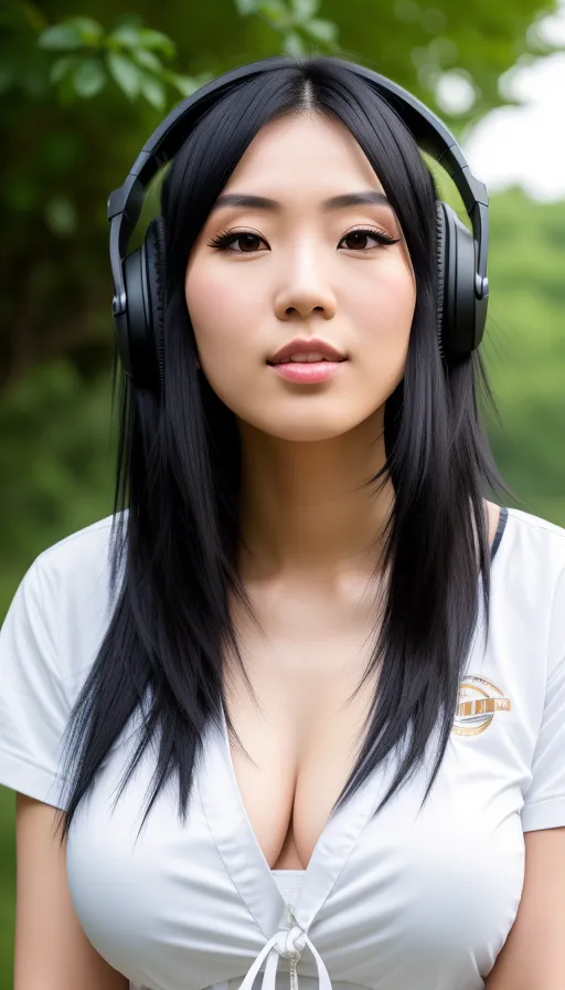 Anime art of a 25 years old (((long dark black hair))) chainese (((very large chest woman))), looking at day sky, pale skin, wearing headphones listening to music, high forehead, wide brown eyes with long eyelashes, round square shaped face, lying down on the grass field, relaxing 