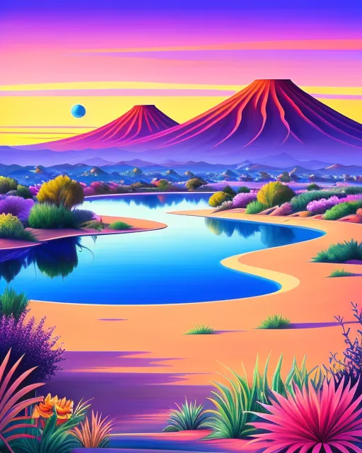 Imagine a surrealistic painting capturing a desert oasis at twilight. The sky is a canvas of vibrant purples and oranges, reflecting in the still waters of the oasis. Among the palm trees, whimsical creatures from folklore roam, casting long shadows. The style should be reminiscent of Salvador Dalí, with dream-like distortions and exaggerated proportions