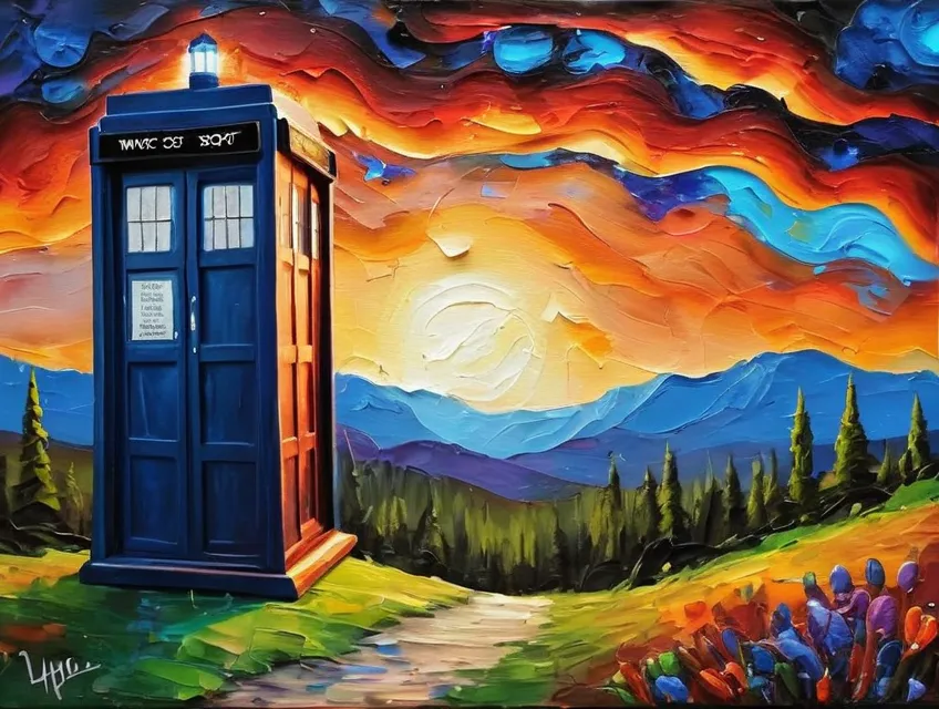 Spectacular painting of a dr. Who  inspired landscape.   Hd. Colorful.  Impasto