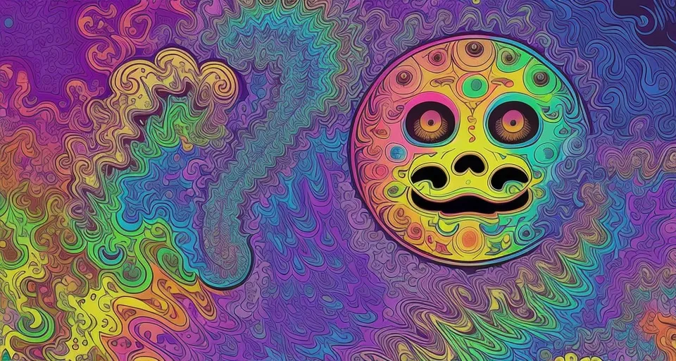 A psychedelic emoji could feature vibrant and swirling colors, with intricate patterns that create a mesmerizing visual experience. It might incorporate elements like trippy shapes, morphing forms, and a kaleidoscopic design, evoking a sense of altered perception and dreamlike intensity.
