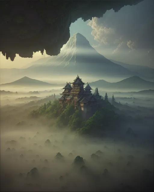 A bird's eye view of an magnificent underground ancient japanese mega-city shrouded in nebulae and big blue stars surrounded by Very different ancient oriental temples and oriental castles and oriental town houses , zen buddhism inspiration, magical, breathtaking epic fantasy, henryk siemiradzki style, perfect composition, beautiful detailed intricate insanely detailed octane render trending on artstation, 8 k artistic photography, photorealistic concept art, soft natural volumetric cinematic perfect light, chiaroscuro, oil on canvas, raphael, caravaggio, greg rutkowski, beeple, beksinski, 