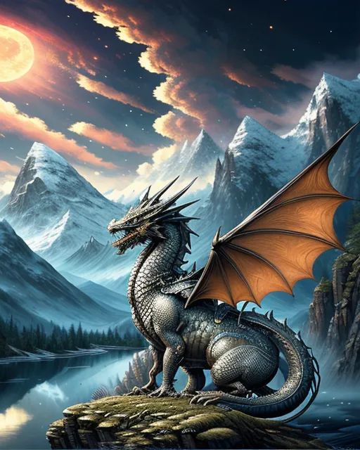 A regal silver dragon on a mountain