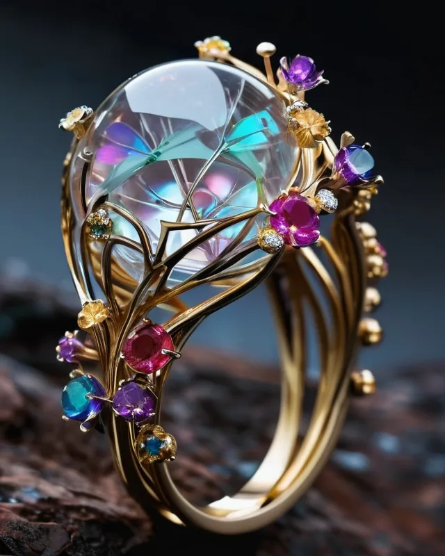 Futuristic 3d Jewelry Design, Gold Ring, Full Of Gemstones, It Has Vertical Colorful Flowers Sphere Sculpture