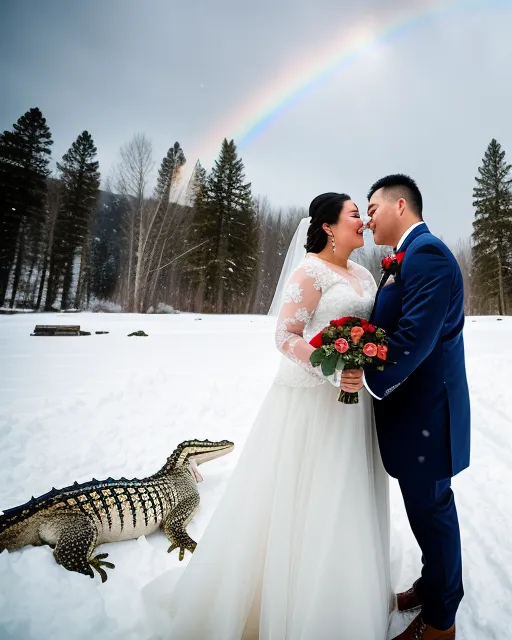 Snow wedding between two alligators, bright roses, rainbows, wide angle shot,