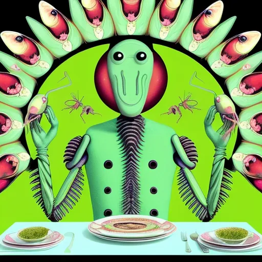 Praying mantis Sunday brunch with the whole big family surreal over exaggerated weird anatomy, face grimaces, face mirroring