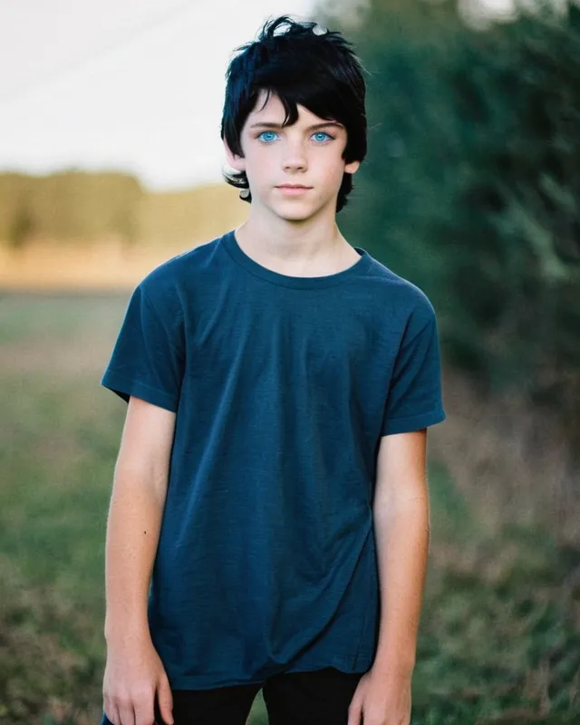 Teen boy with black hair and blue eyes