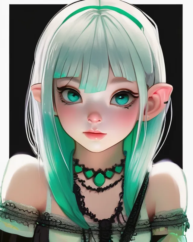 A photorealistic portrait of an eccentric looking girl with a short white bob haircut, ears that stick out, big vivid blue eyes underneath wispy thick black eyelashes, her full lips are parted exposing her two front teeth with a gap in between them, unique facial features, weird but pretty girl, wearing a white and emerald corset top, emerald tutu, white knee high socks, emerald pumps, sitting cross legged on the floor