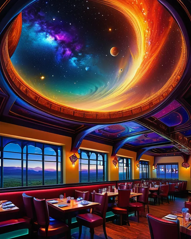 (The restaurant at the end of the universe), fantasy art, mystical, magical, full-color, vibrant, complimentary colors, perfect composition, beautiful lighting, hyperdetailed, radiant, magical, cosmic