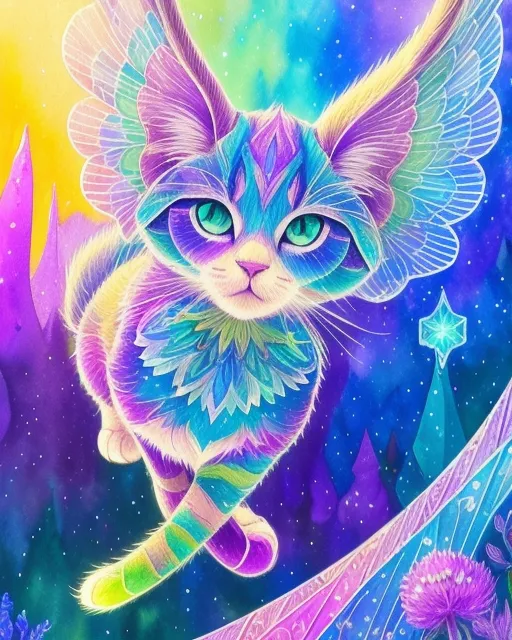 A colorful kitty angel and heaven's colorful mountain area 