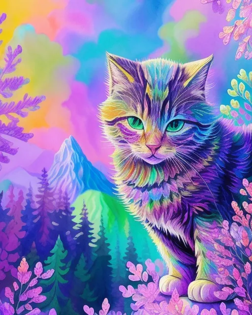 A colorful kitty angel and heaven's colorful mountain area 