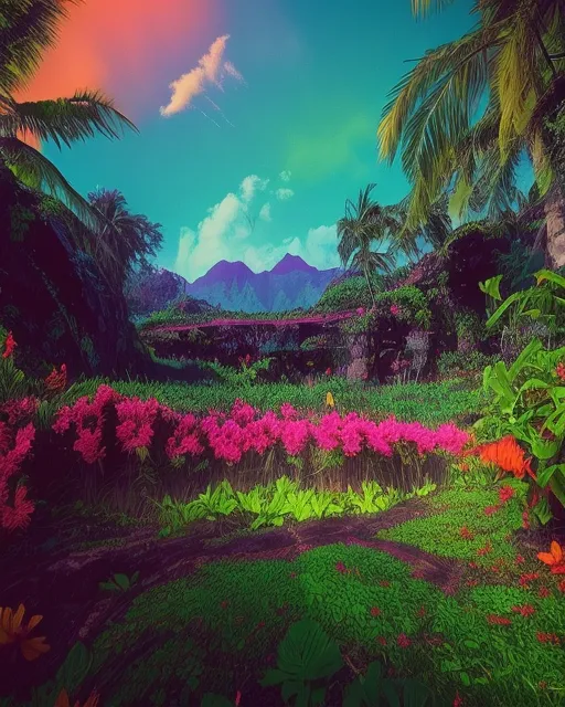 Kauai Mountains, flowers, tropical, HDR, Psychedelic