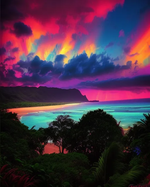 Kauai, Hanalei Bay, rainbow, beach,  tropical, HDR, Psychedelic