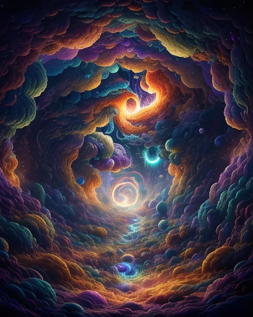 A cosmic collision of swirling energies unleashes a mesmerizing display of light, as matter and anti-matter engage in a radiant dance, defying the laws of physics. Witness the explosive beauty of a celestial "Matter Anti-Matter Reaction" in this otherworldly scene.