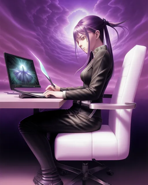 A cute woman sitting a chair looking - AI Photo Generator - starryai