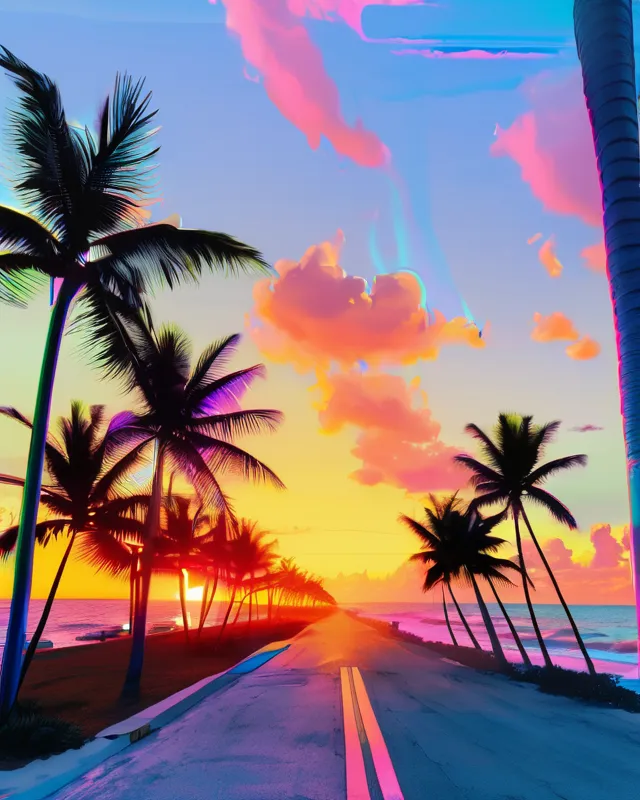 An oceanside drive down miami beach at sunset, synthwave, vaporware aesthetics