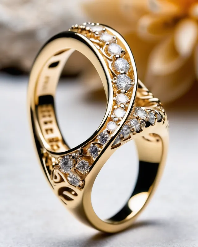 Ocean shaped ring, small dimonds in waves , intricated ring, yellow gold, magic brliance, 