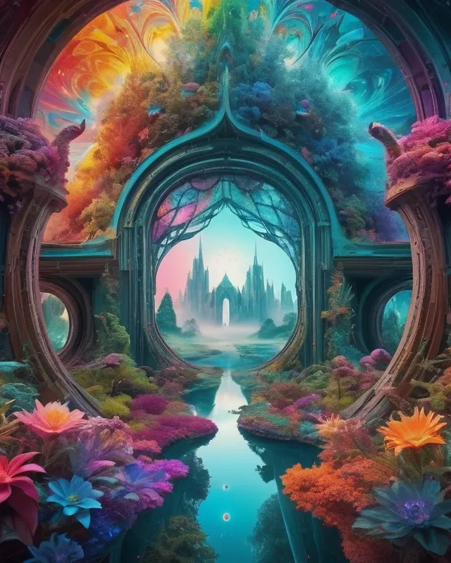 amazing mesmerizing digital artwork where the boundaries of reality and imagination are blurred, kaleidoscopic dreamscape, surreal beauty, elements of nature, futuristic architecture, & ethereal creatures, vibrant colors, intricate patterns,  unexpected juxtapositions, dream-inspired masterpiece, awe-inspiring, best quality, stunning, award winning