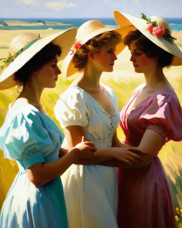 Oil painting of three women in the style of Charles Courtney Curran. Show brushstrokes.