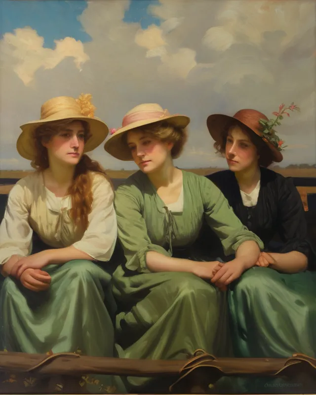 Oil painting of three women in the style of Charles Courtney Curran. Show brushstrokes.