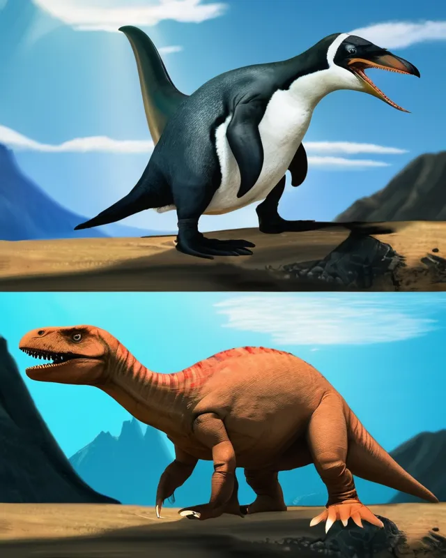 Penguin, riding, dinosaur