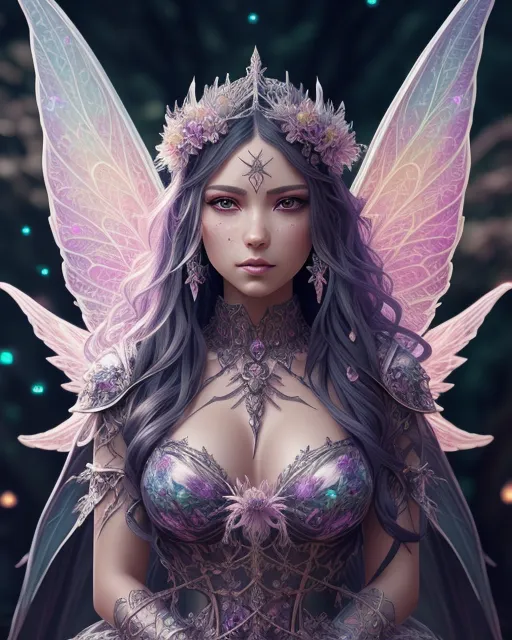 Beautiful fairy, sitting on a orchid,intricately detailed armor, intricately detailed tiara,  digital illustration,  extreme detail,  digital art,  4k,  ultra hd,  detailed,  vibrant,  anime face,  sharp focus,  character design,  wlop,  artgerm, beautiful fantasy landscape,  realistic and natural,  cosmic sky,  detailed full-color,  nature,  hd photography,  magical,  detailed,  gloss,  hyperrealism, beautiful d&d character portrait,  colorful fantasy,  detailed, two symmetrical wings,digital portrait,  intricate armor,  wlop,  artstation,  hd,  hyperrealism, cryengine