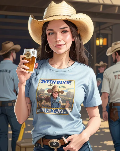 Country woman in a blue Jean mini shirt wearing a tight t shirt and cowboy hat holding a beer in her hand