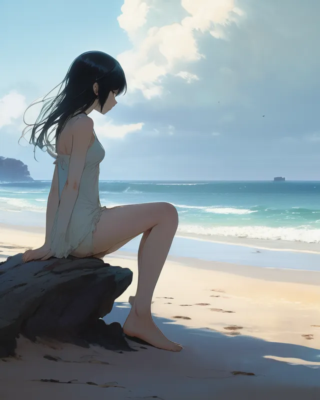 Whimsical by akihiko yoshida, watching the beach alone, sad, anime art style, color field painting, horror art, global illumination, by frank frazetta, art by goro fujita, glamor shot, banner, blur, anime key visual, photorealistic dramatic anime girl, 