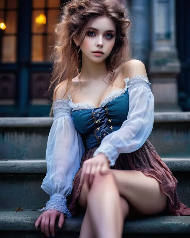 Anime style Gorgeous girl with ultra detailed delicate face, big expressive eyes, gorgeous messy hair, raggedy clothing open at the breast letting her big breast out of the clothes, sitting on steps of old building, old city background, twilight, hauntingly beautiful, sparkle particles, soft glow, Anna Dittmann, fantasy art, hyperrealism, astral, ethereal, wlop