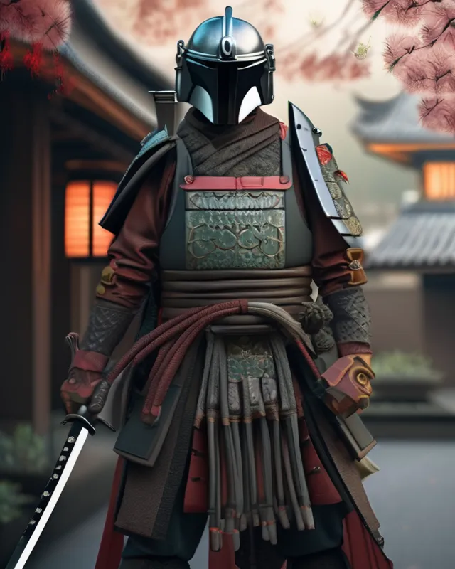 Mandalorian warrior dressed as Japanese samurai