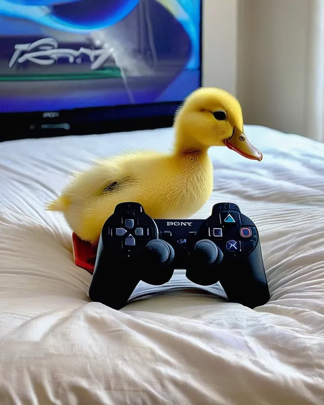 Duck sitting on the bed playing Playstation 20 