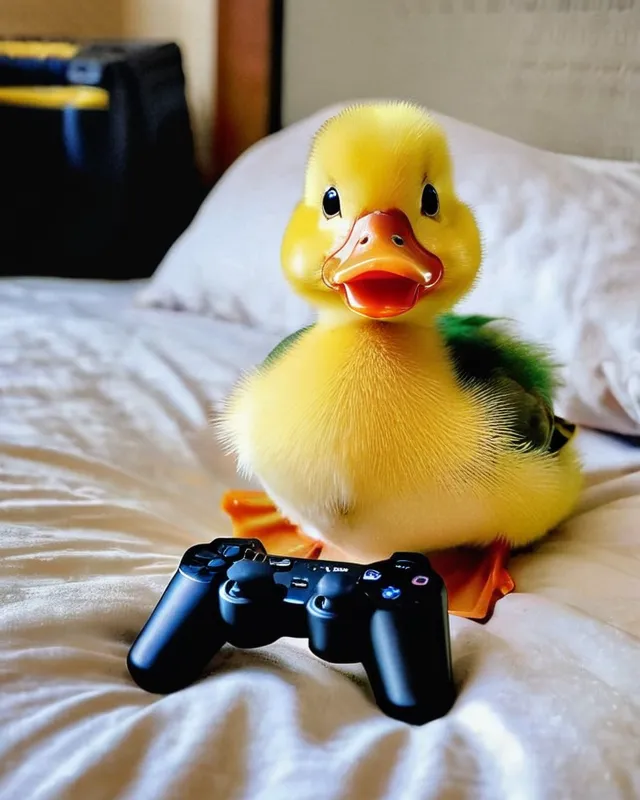 Duck sitting on the bed playing Playstation 20 