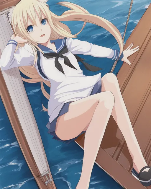 Imagine a captivating anime scene where a girl stands gracefully at the top  of a sail,