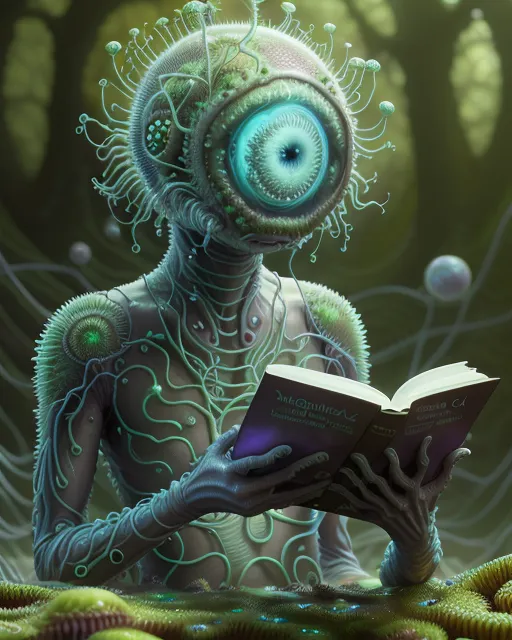 alien reading a book a forest, - Free AI Photo Generator - starryai