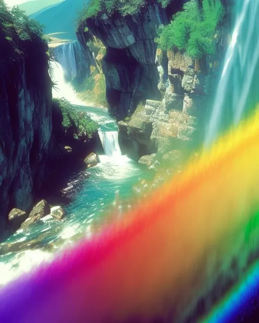 Rainbow waterfall flowing over - Free AI Photo Generator - starryai