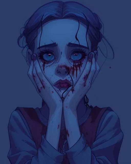 Girl looking at her hands covered in blood, ominous, twilight