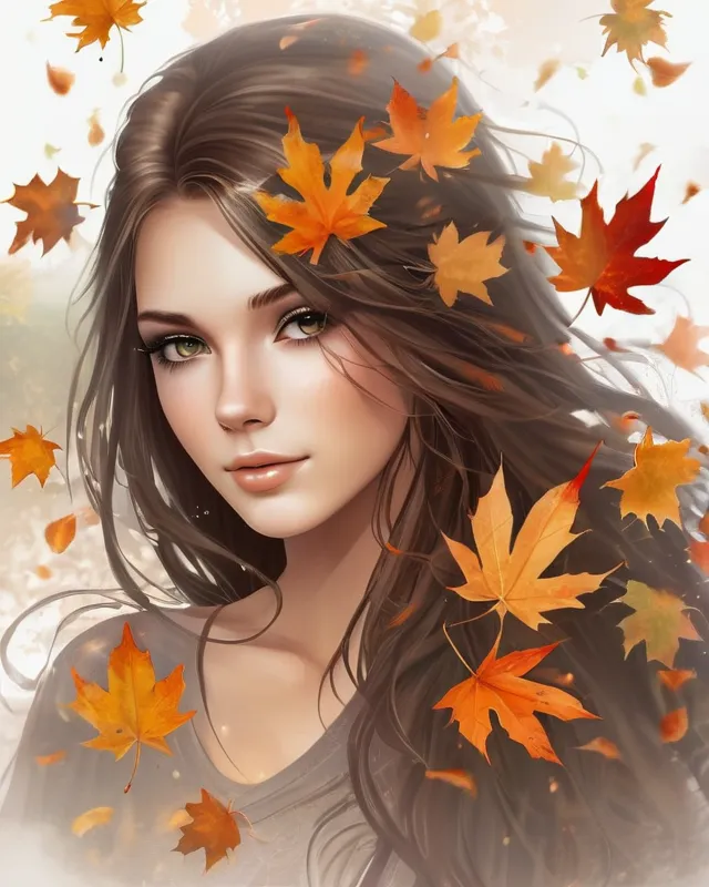 Pretty girl with falling autum leaves around her, gorgeous, mist, high detail